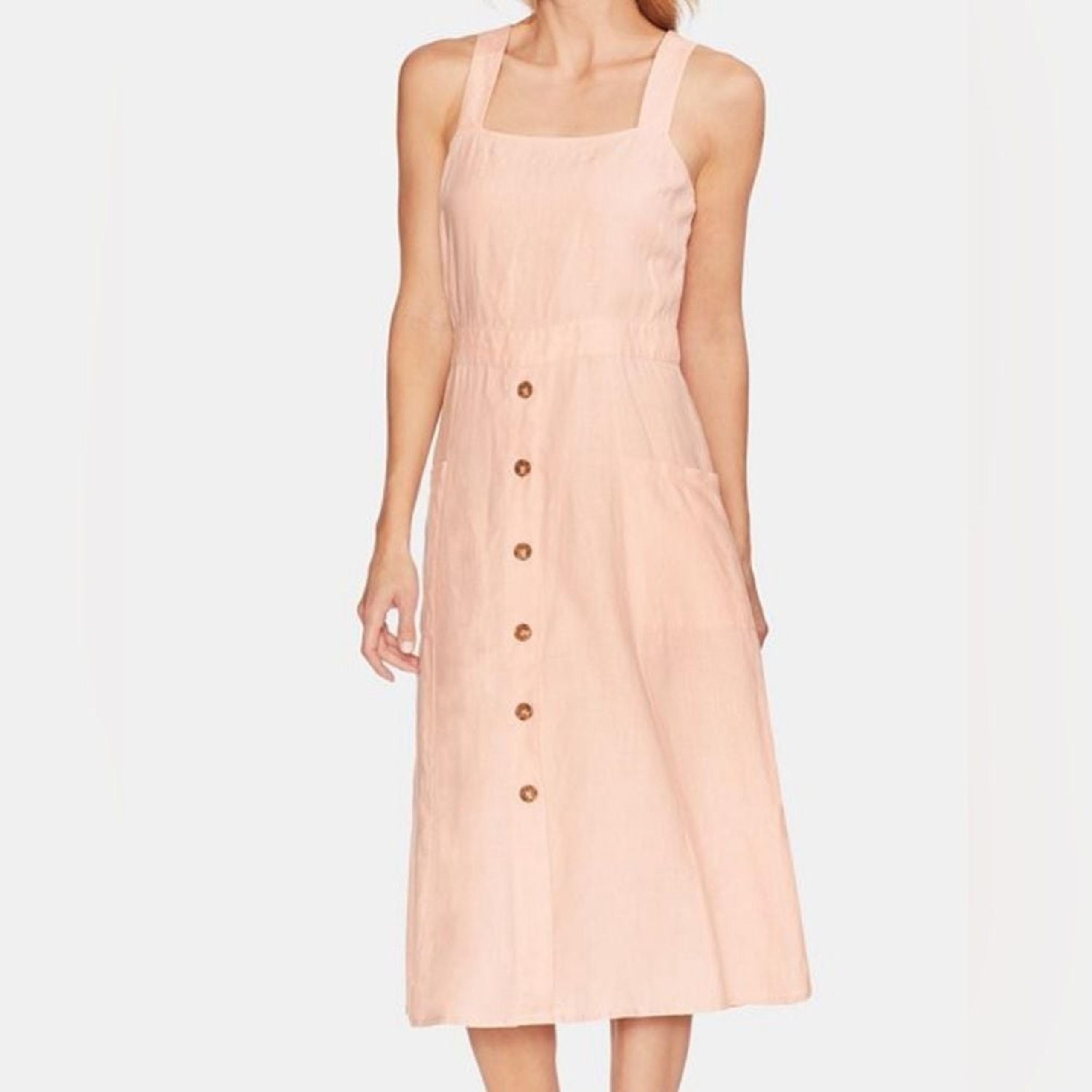 Vince Camuto Linen Button-Trim Midi Dress- Womens Size Small NWT Coral Buff