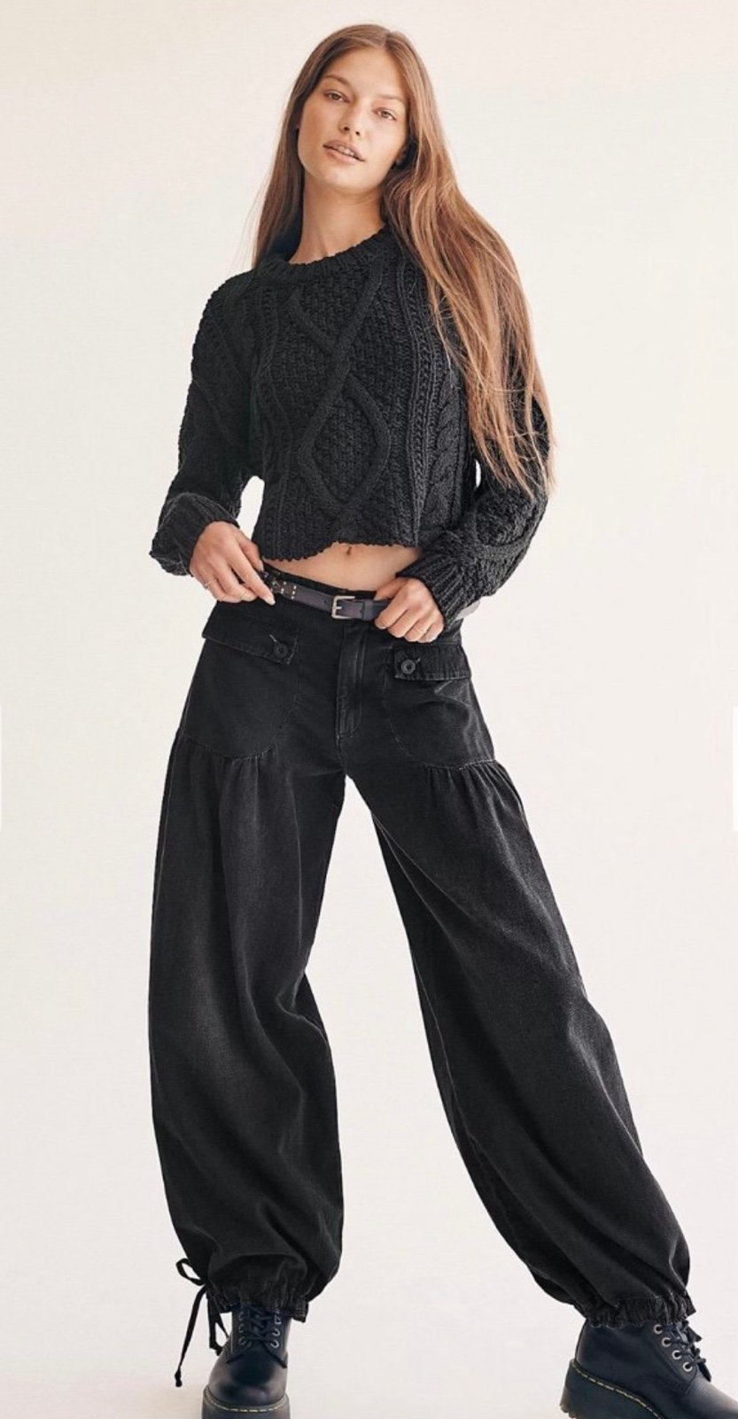 Free People Lotus Drawstring Wide Leg Jeans Black Pants size 25