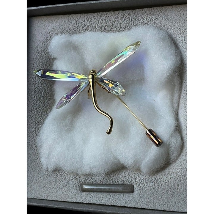 Daniel Swarovski Signed Gold Plated 925 Silver AB Cut Faceted Crystal Dragonfly