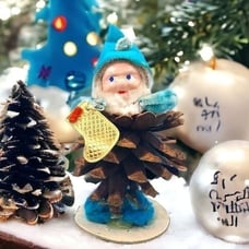 Vintage Elf Pinecone Ornament Blue Chenille Felt Japan 1950s Foil Stocking