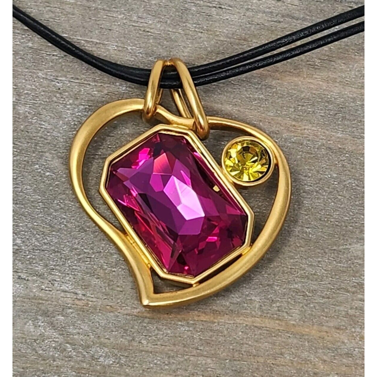Signed Swarovski Fuchsia Pink & Yellow Green Crystal Heart Pendant Necklace VTG