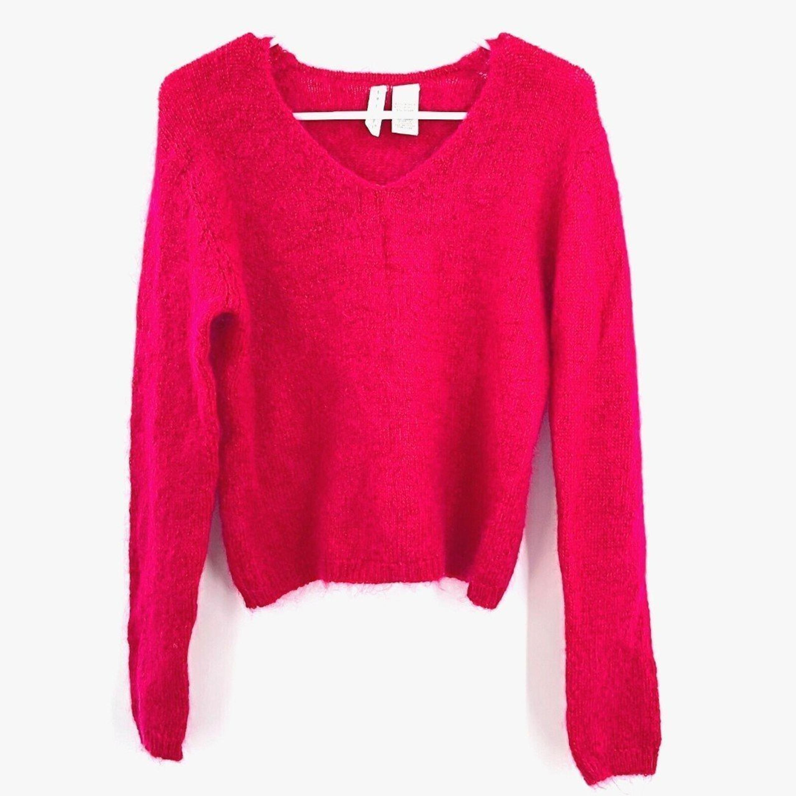 Vintage Twiggy V-Neck Sweater Mohair Blend Womens L Magenta Long Sleeve Knit