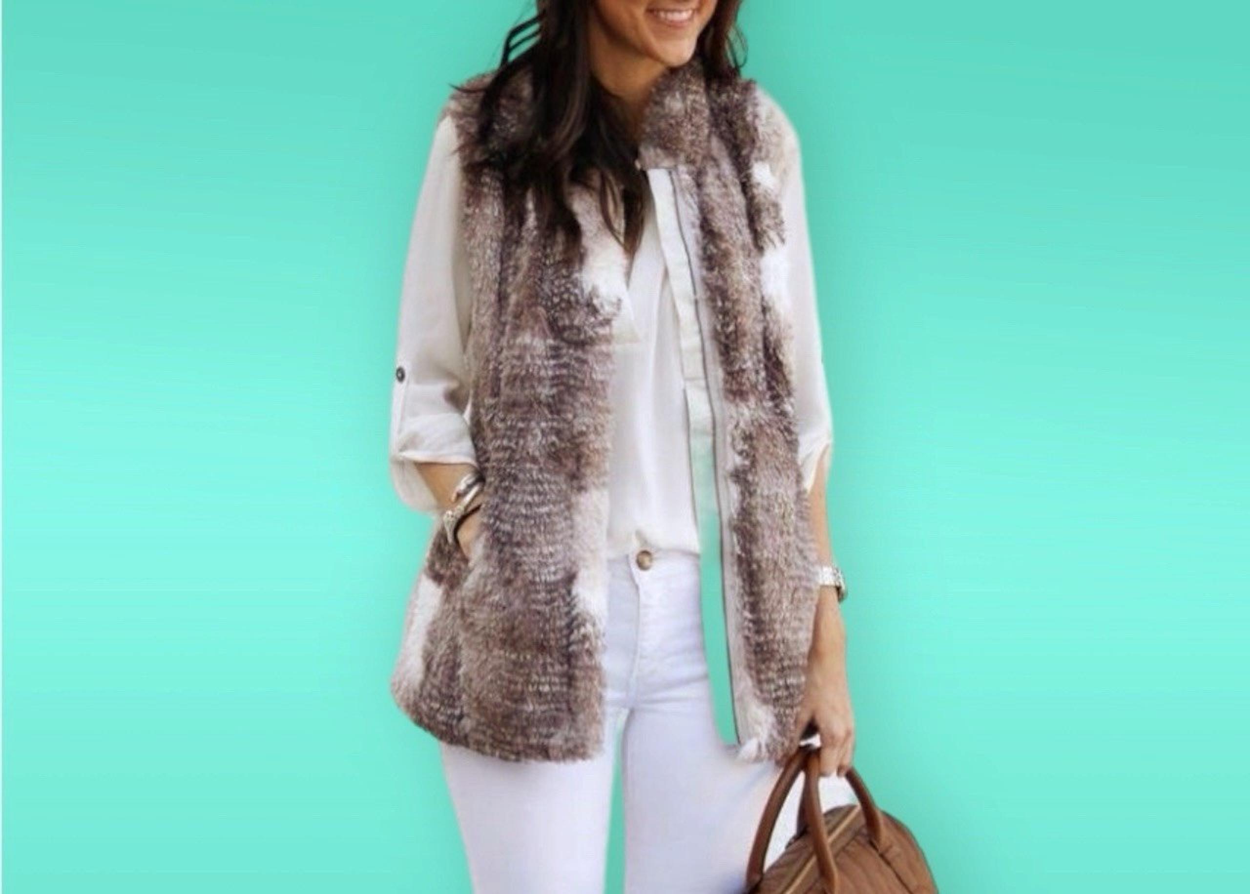 cabi Aspen Faux Fur Full Zip Vest w/Pockets Women’s XS (0/2) Brown/White