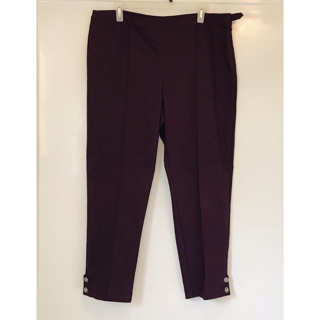 St. John Dress Pants Plum Mulberry Sz 16 High Rise Side Zip Ankle Button Detail