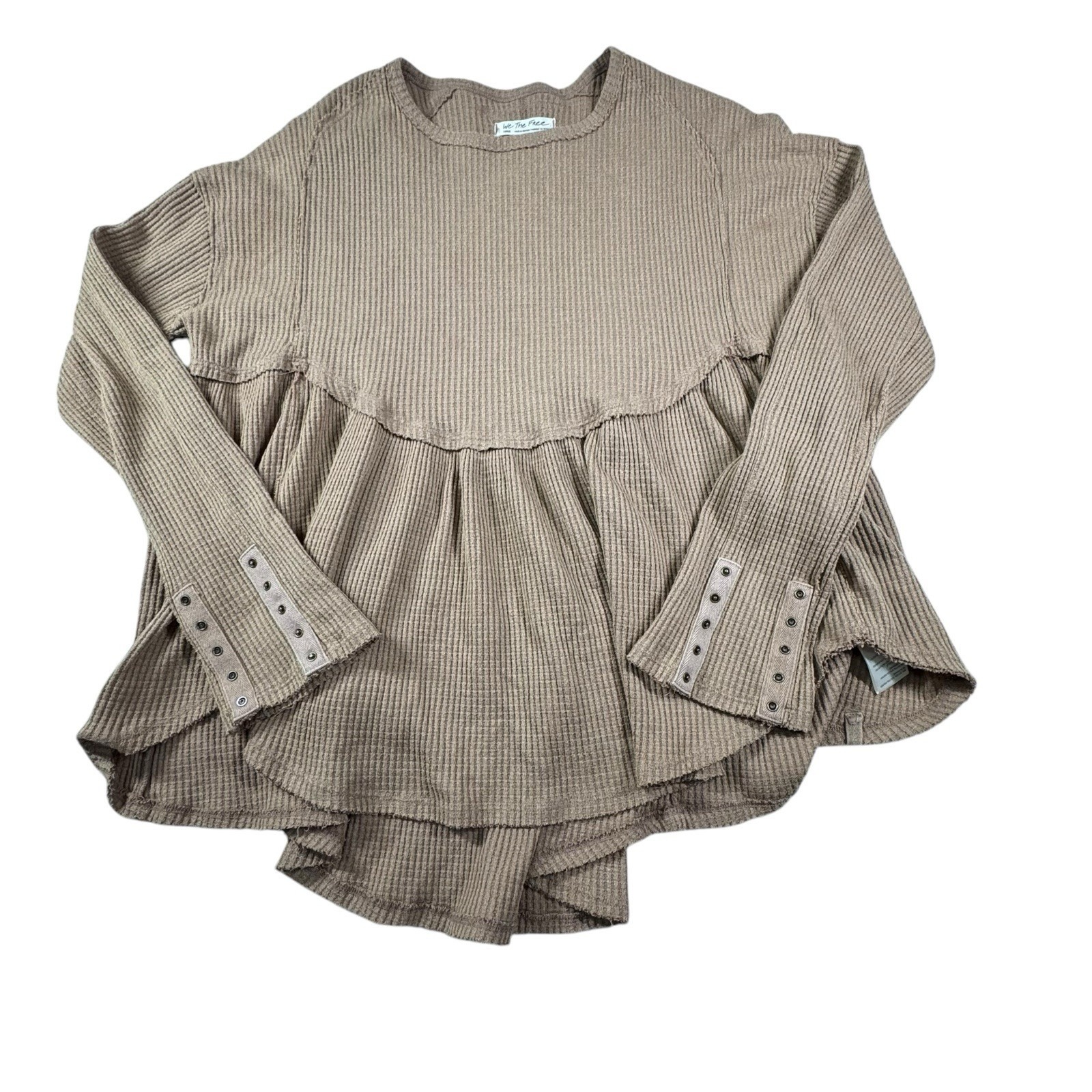 Free People Oh My Babydoll Thermal Top Size L Waffle Knit Beige Boho Oversized