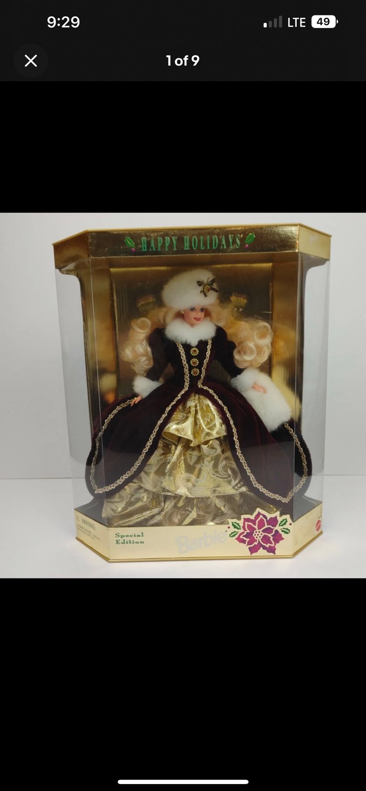 1996 Happy Holidays Special Edition Barbie Doll 15646 Burgundy White & Gold