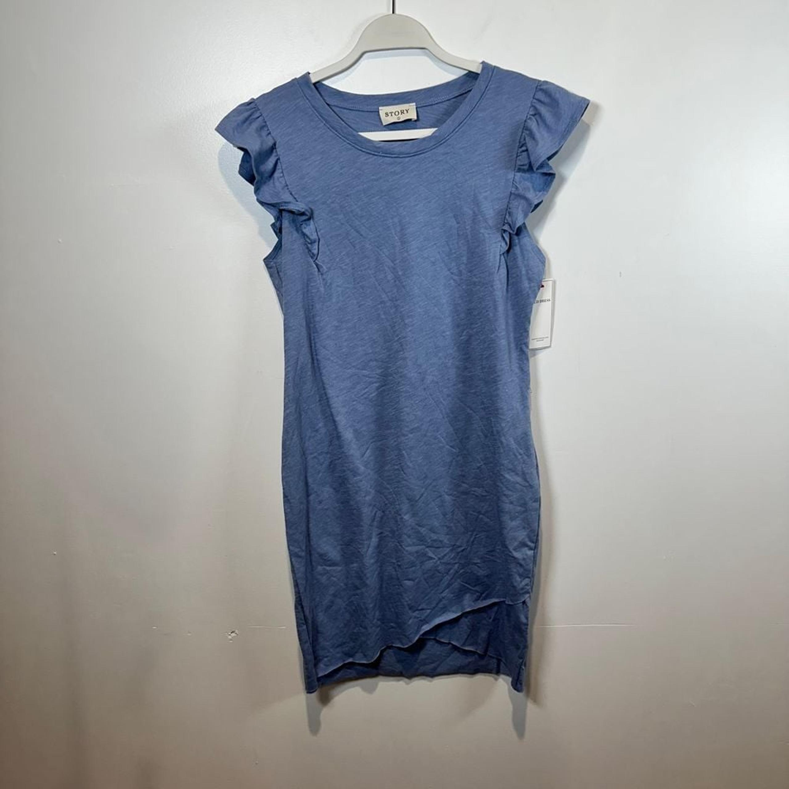 Blue Flutter Sleeve T-Shirt Dress Casual Bodycon Asymmetric Hem L NWT