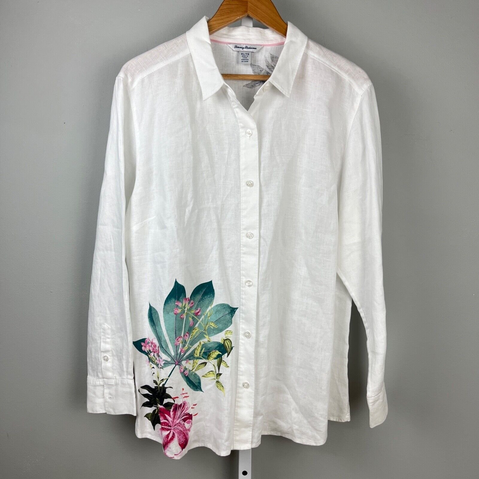 Tommy Bahama Shirt Top Womens XL White 100% Linen Floral Flower Long Sleeve