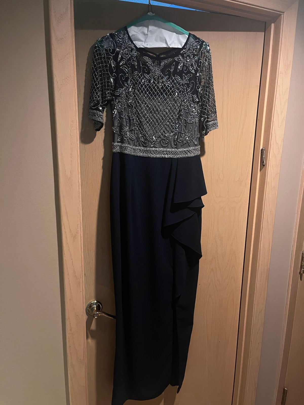 Adrianna Papell Beaded Cascading Ruffle Gown in Midnight Blue