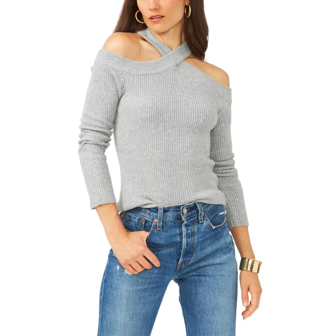 1.State Women's Sweater Cross Neck Cold Shoulder Top Gray Silver Heather XL