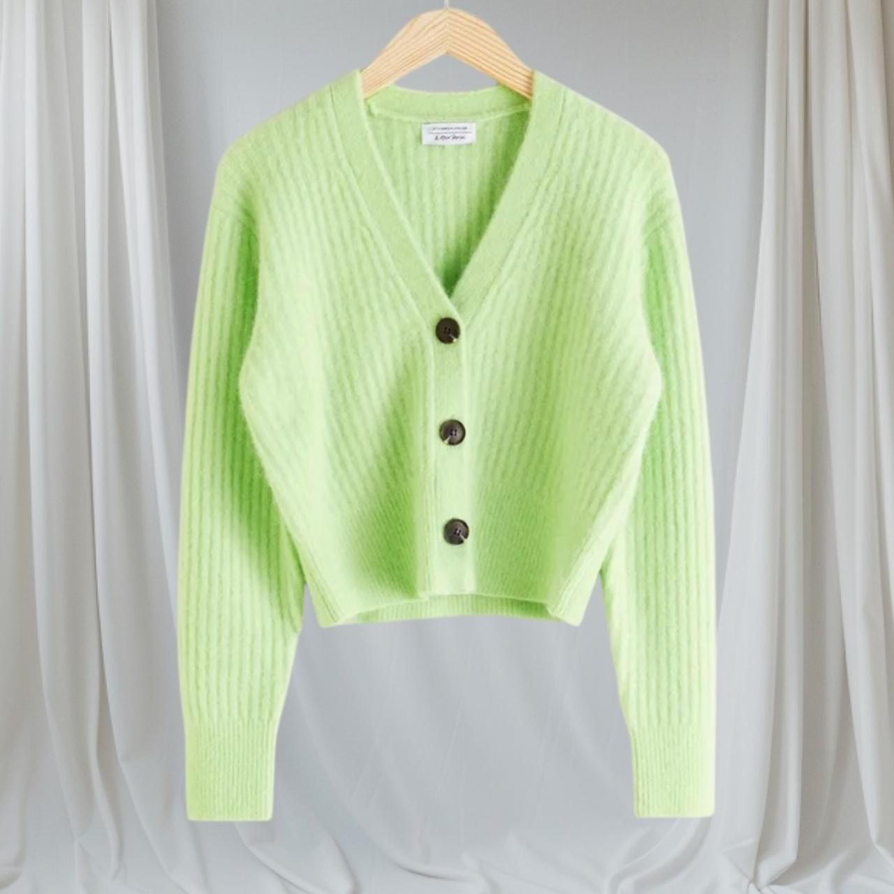 Preppy & Other Stories Neon Bright Light Green Alpaca Wool Cropped Cardigan XS