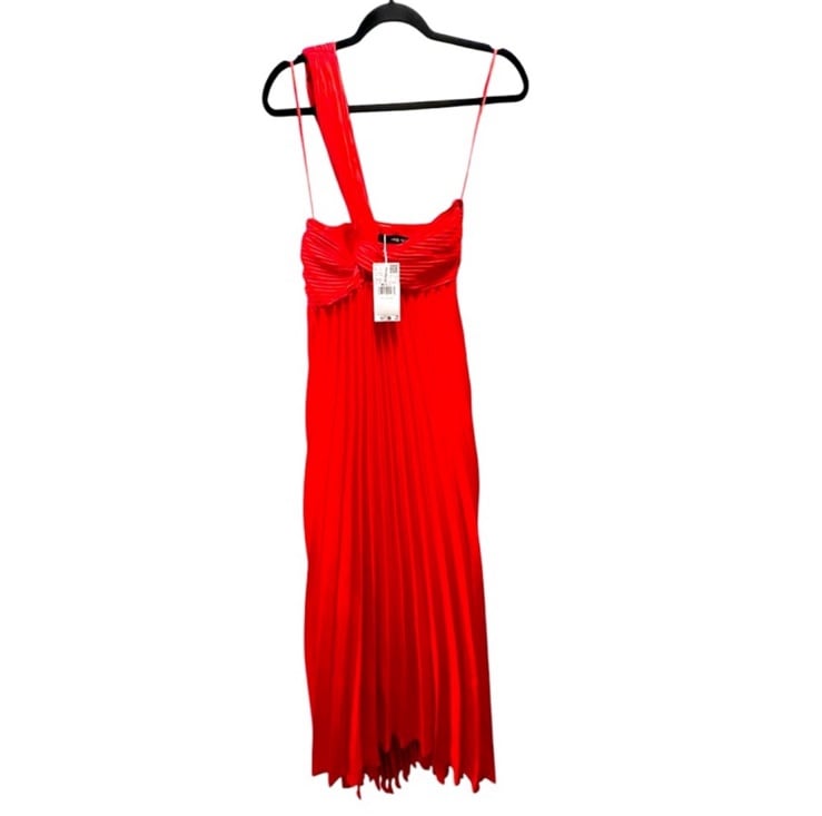 Mango One Shoulder Asymmetrical Pleated Maxi Dress in Red/Orange- Size XXS