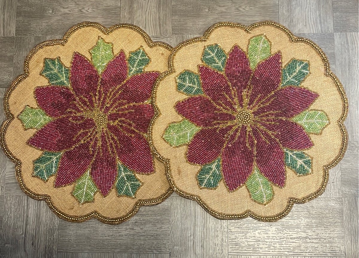 Beaded placemat christmas poinsettia red flower set of 2