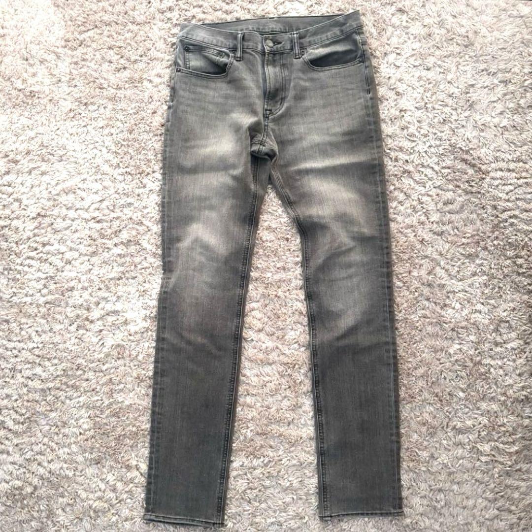 GU (ジーユー)【30】Straight Denim Pants with Whiskers and Honeycomb Pattern, Gray