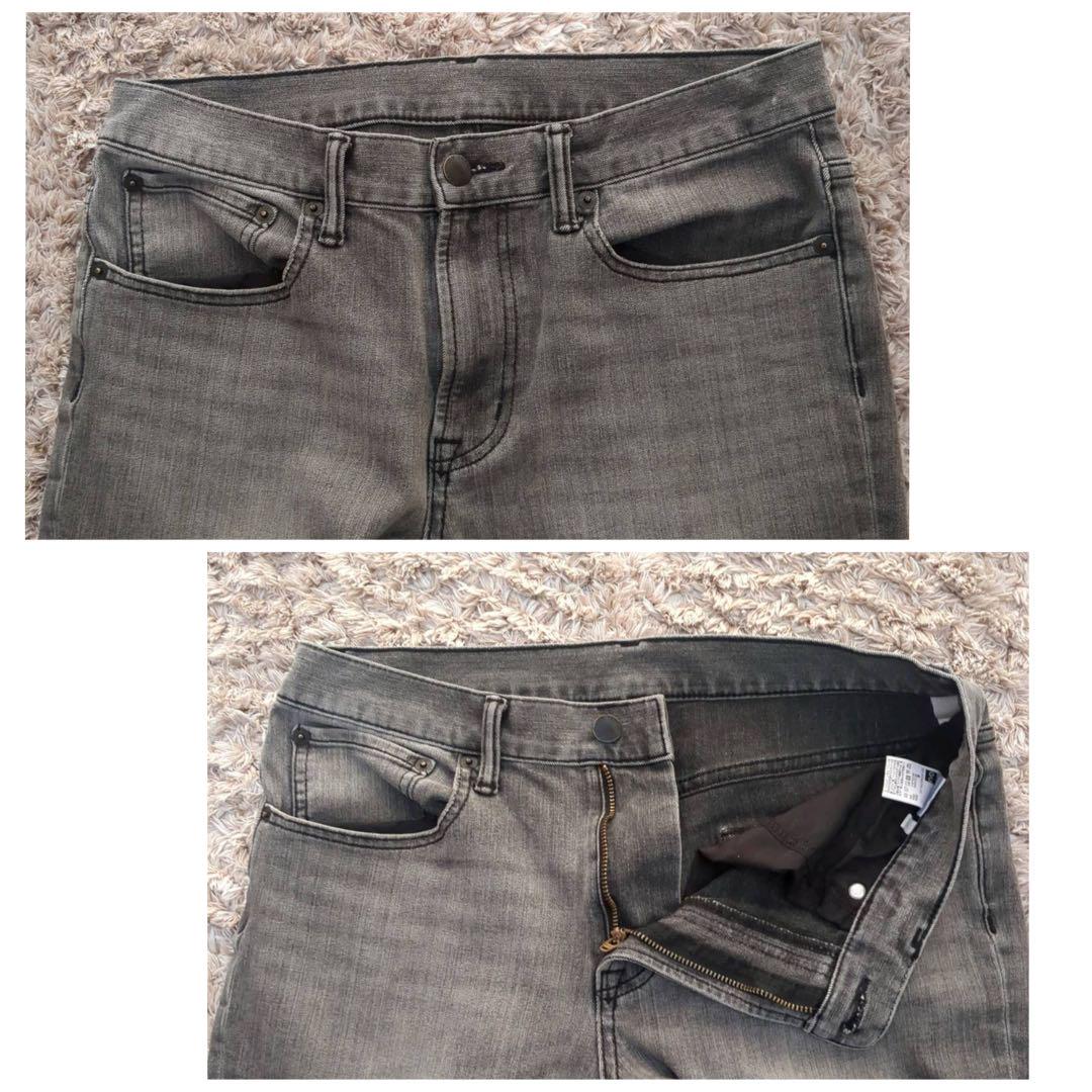 GU (ジーユー)【30】Straight Denim Pants with Whiskers and Honeycomb Pattern, Gray - detail