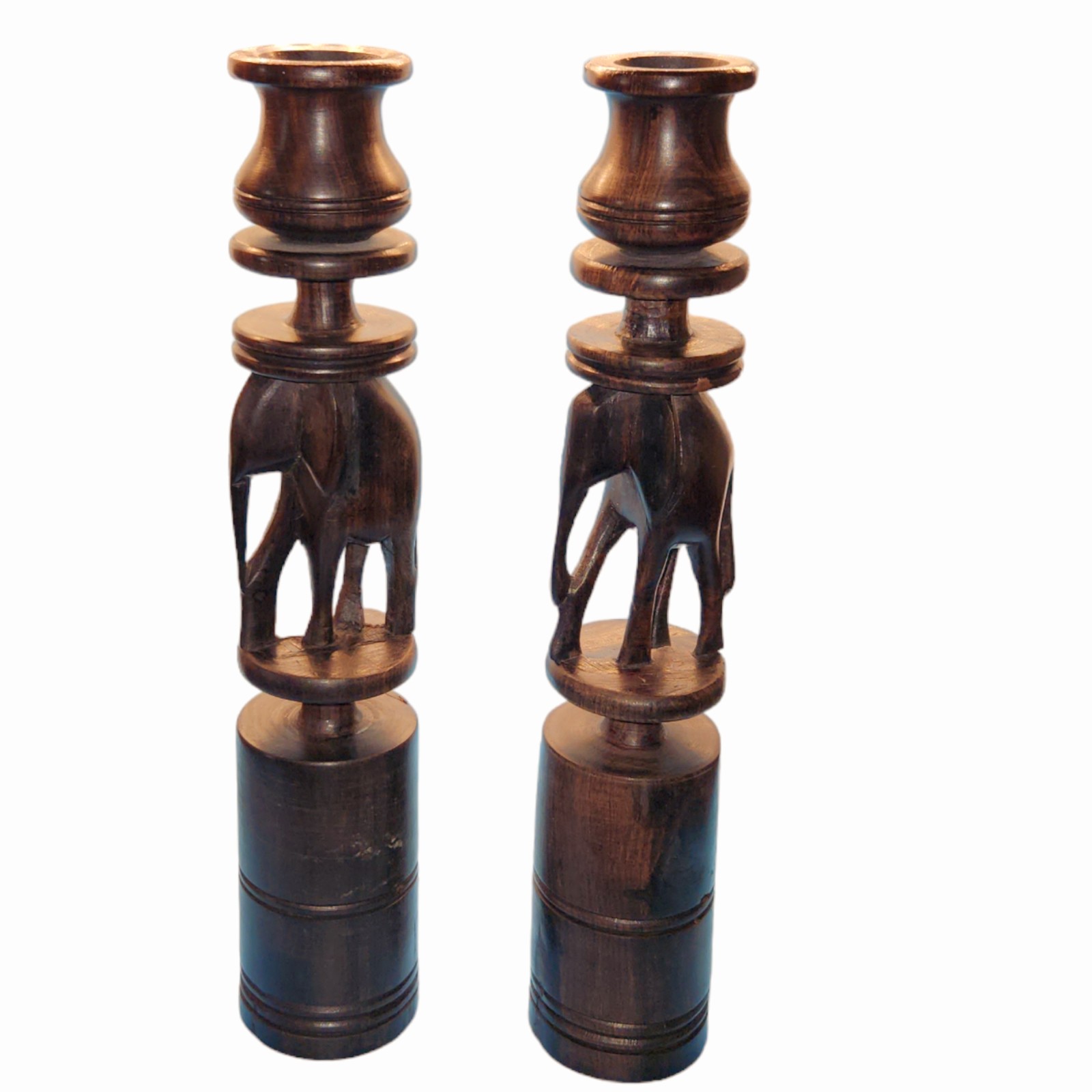 Vintage Set of 2 Carved Ebony Wood Elephant Figurines Hand Carved Wood Elephant