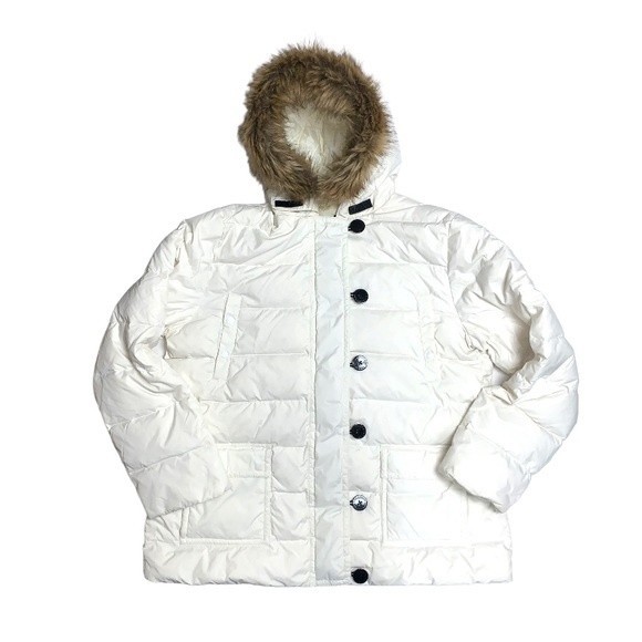 White Quilted Winter Puffer GooseDown Coat Removable V-Fur Trim Hood Lands’ En