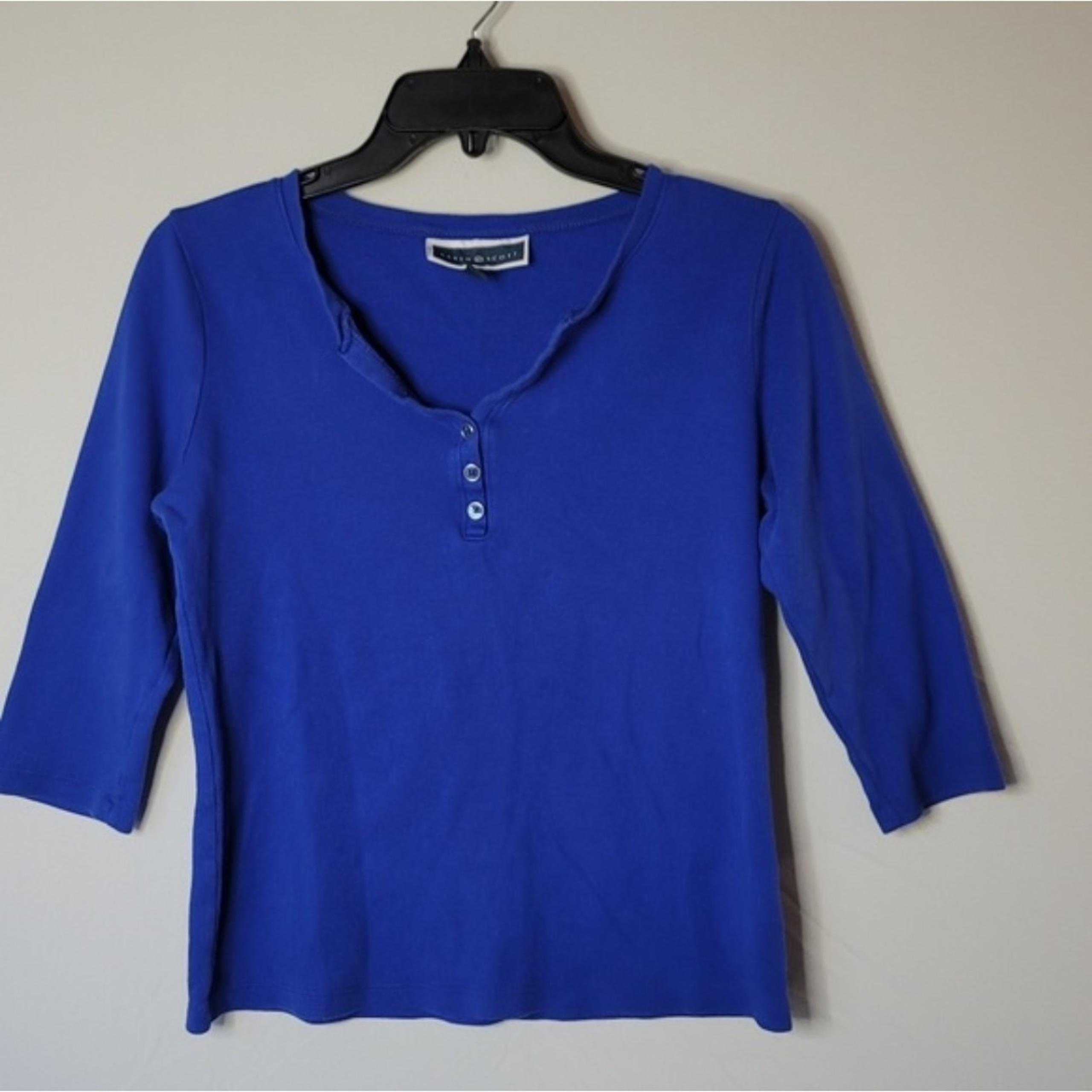 KAREN SCOTT Women's 100% Cotton Blue Mid Sleeve Mid Button Up V-Neck Shirt PS