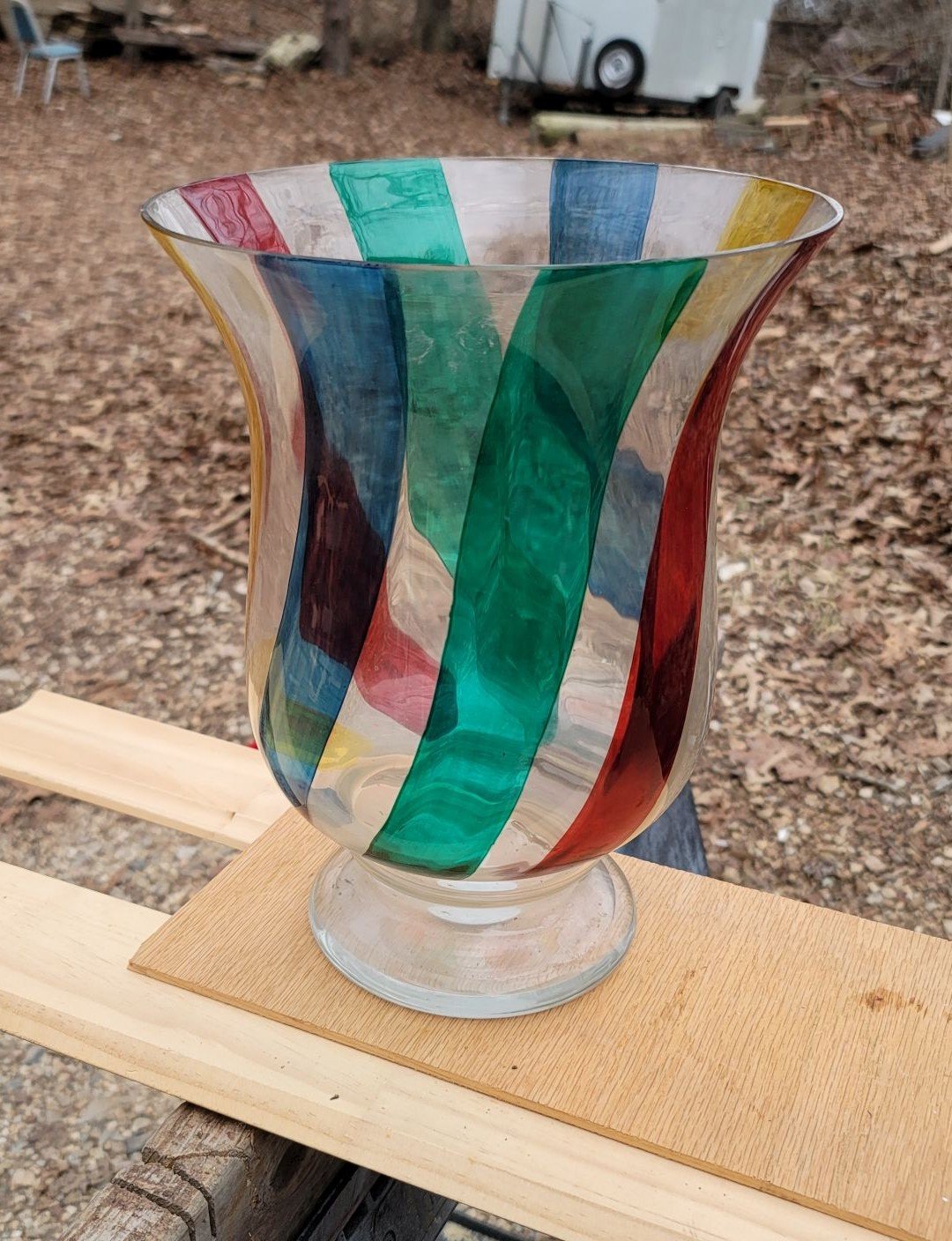 FOOTED VASE ARTGLASS STRIPPED RED,GREEN AND YELLOW GLASS