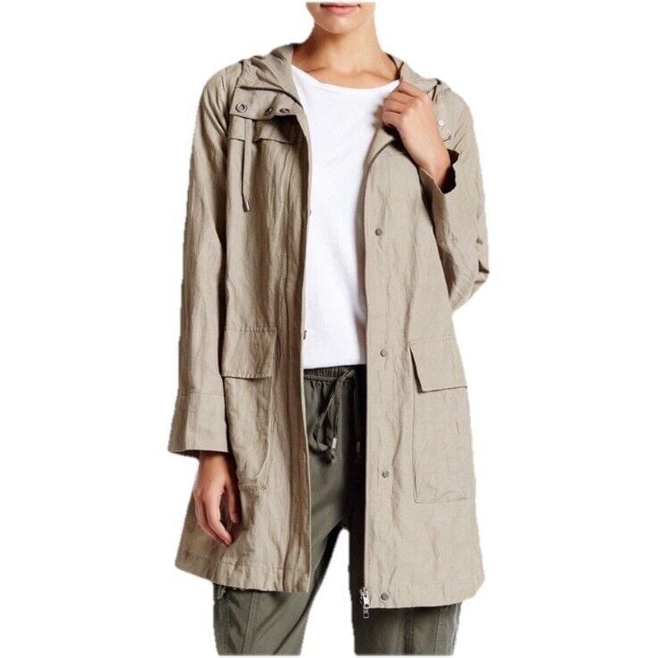 EILEEN FISHER Jacket Beige Size Large Cotton Nylon Anorak Hoodie Snap Full Zip
