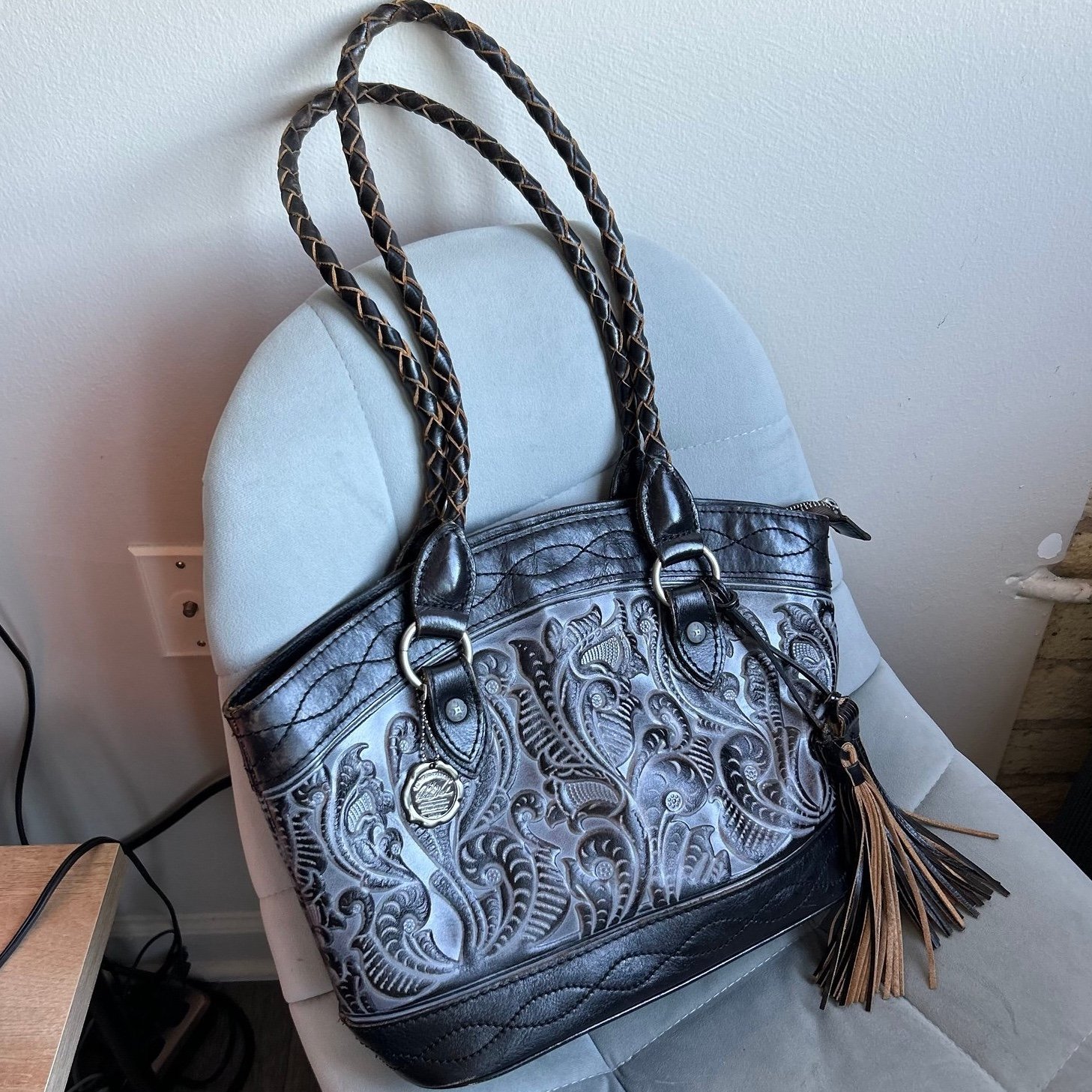 Patricia Nash women’s purse bag shoulder leather black grey 10th anniversary