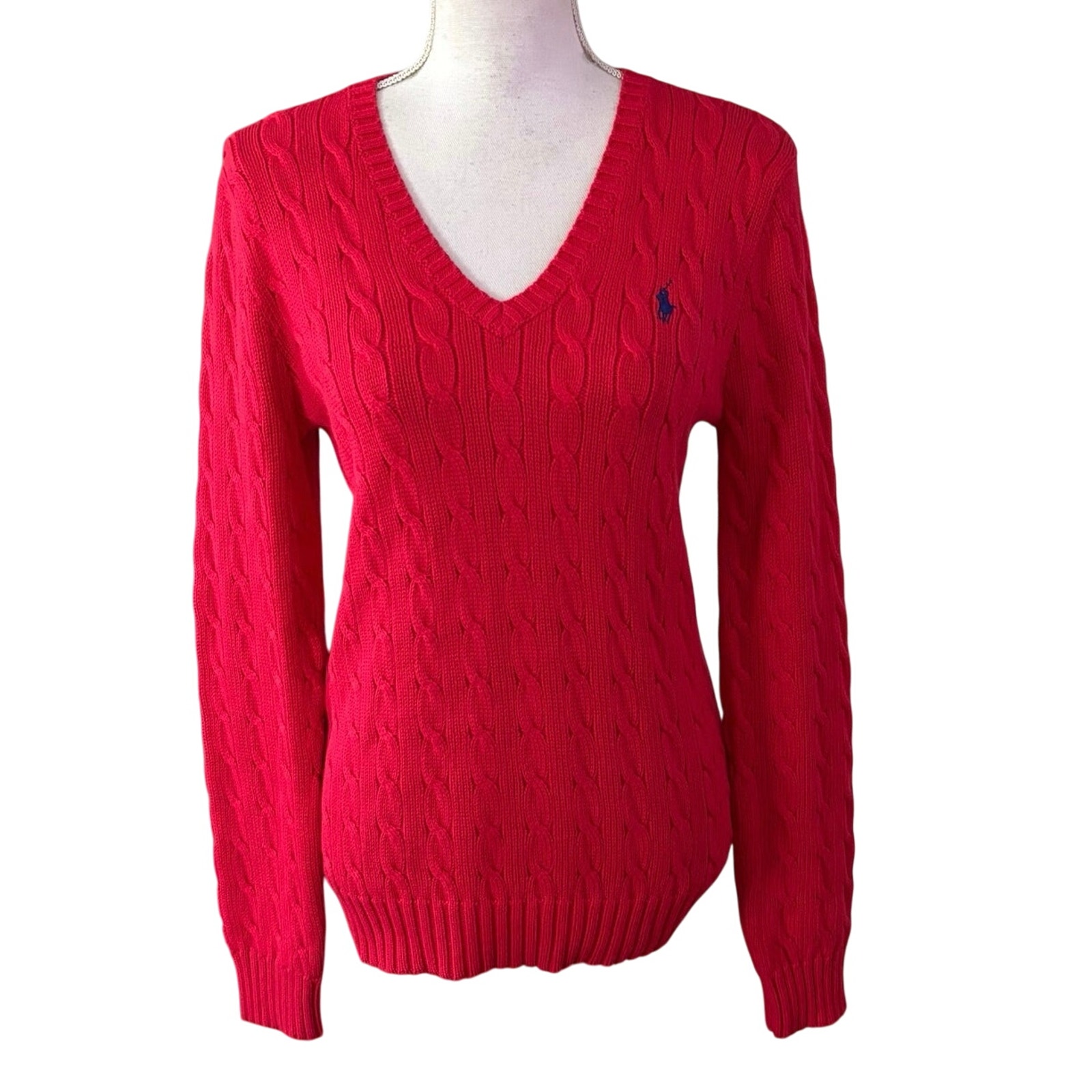 Ralph Lauren Sport Size L Cable Knit V Neck Sweater Red Y2K Cotton