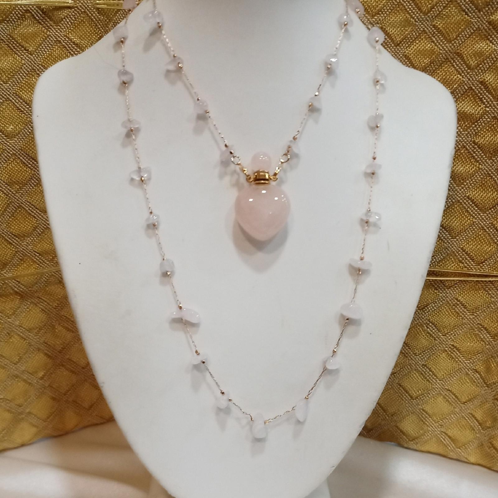 Rose Quartz Pink Heart Perfume Bottle Pendant Necklace Eyeglasses Holder
