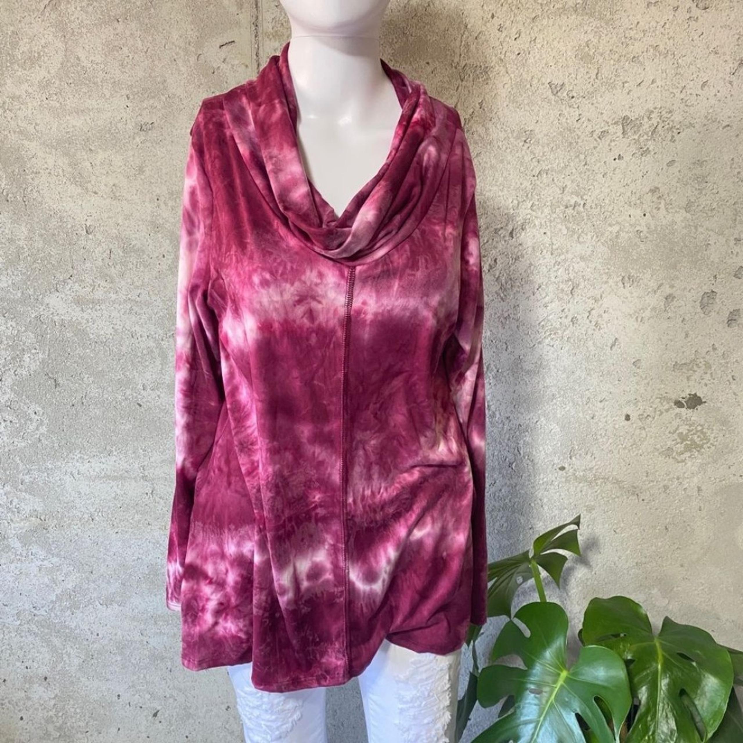 Forgotten Grace Soft Velvet Feel Cowl Neck Burgundy White acid Dye Shirt Sz Med