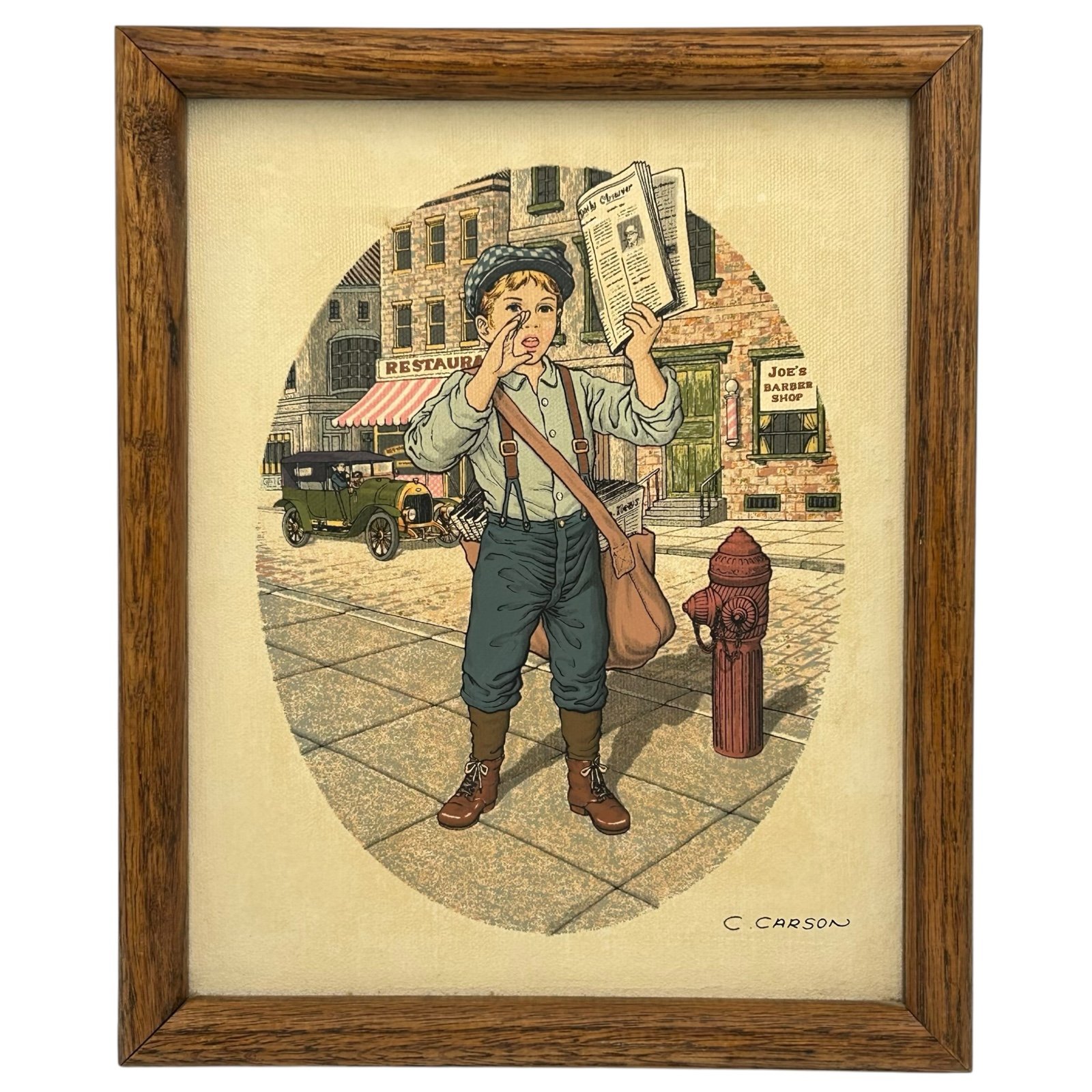 Vintage Framed C Carson Signed Serigraph Newspaper Boy Newsies Wall Canvas Art