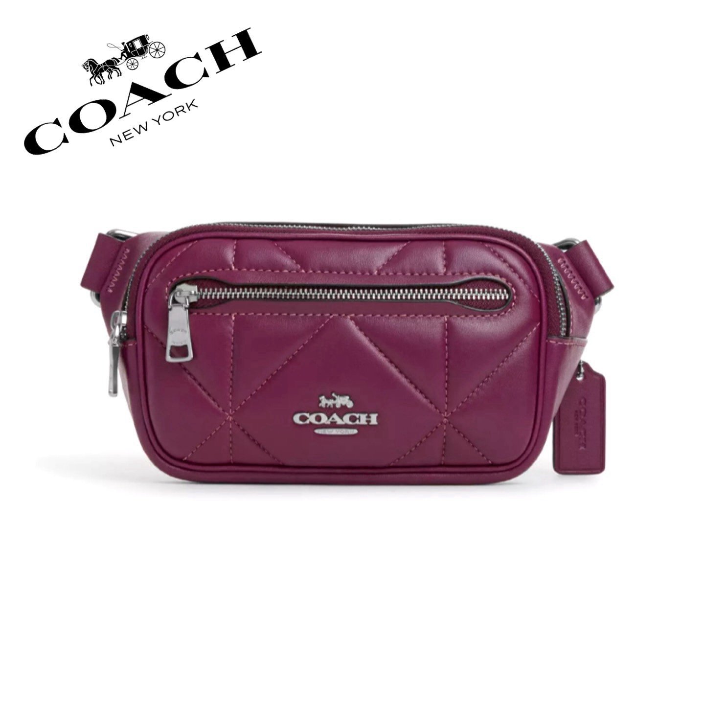 NWT COACH Mini Leather Belt Bag In Silver Metallic With Puffy Diamond Quilting