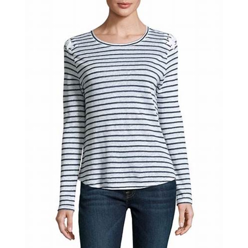 Generation Love Patti Striped Lace-Up Long Sleeve White Blue Linen Top Size S