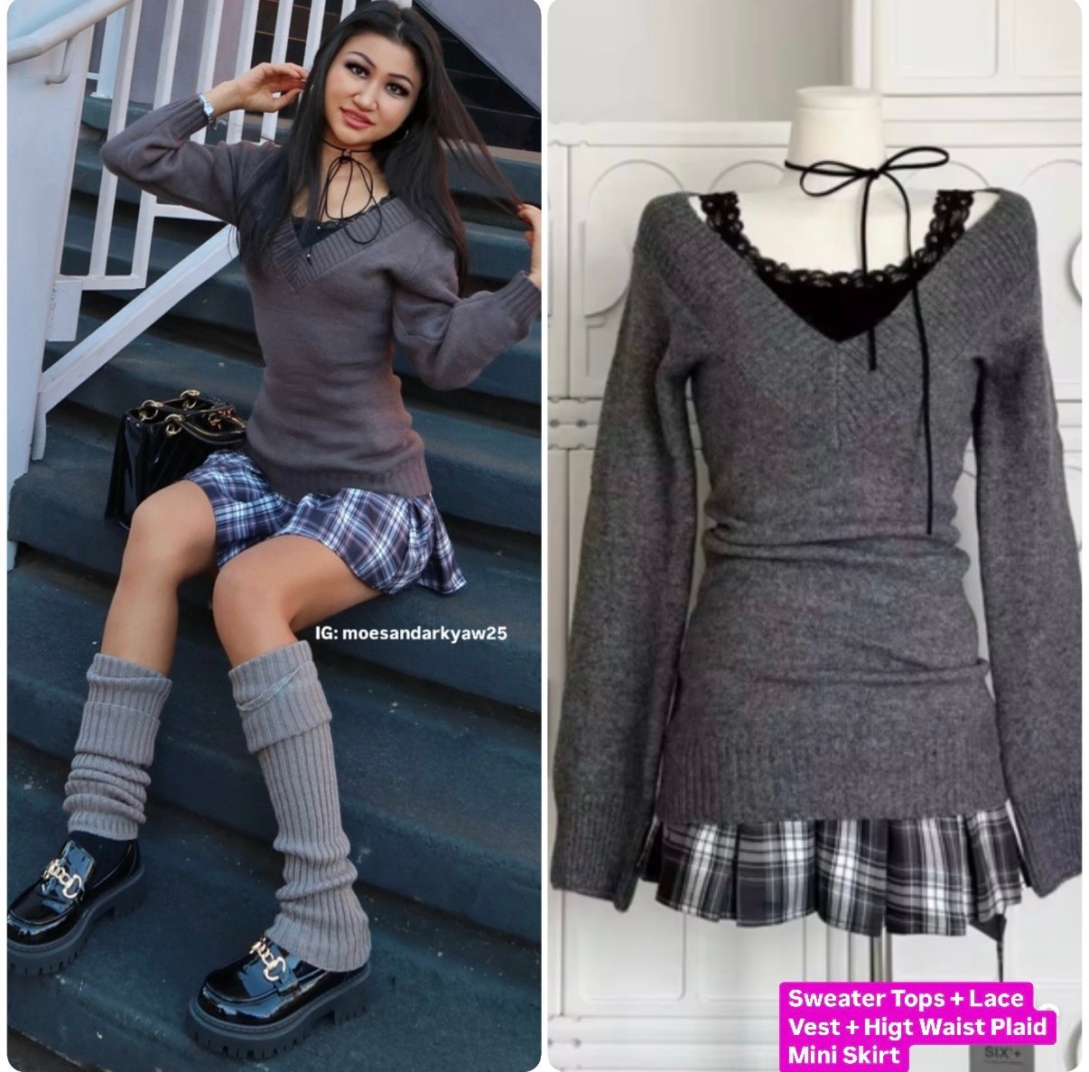Autumn Winter New Vintage Knitted 3 Piece Set Sweater Tops + Lace Vest + skirt