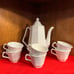 Coffee Pot and 6 Cups, White Geometric Ironstone