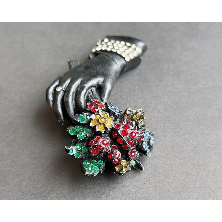 Rare 1940’s Figural Hand Brooch Holding A Bouquet Of Flowers WOOD & Rhinestones