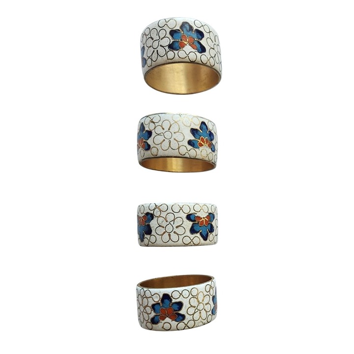 Napkin Rings Vintage 1970 Cloisonne Set of 4 White Blue Red / Orange Metal Enam