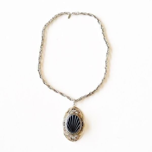 Vintage Whiting and Davis Large Carved Pendant Necklace Silvertone Chunky