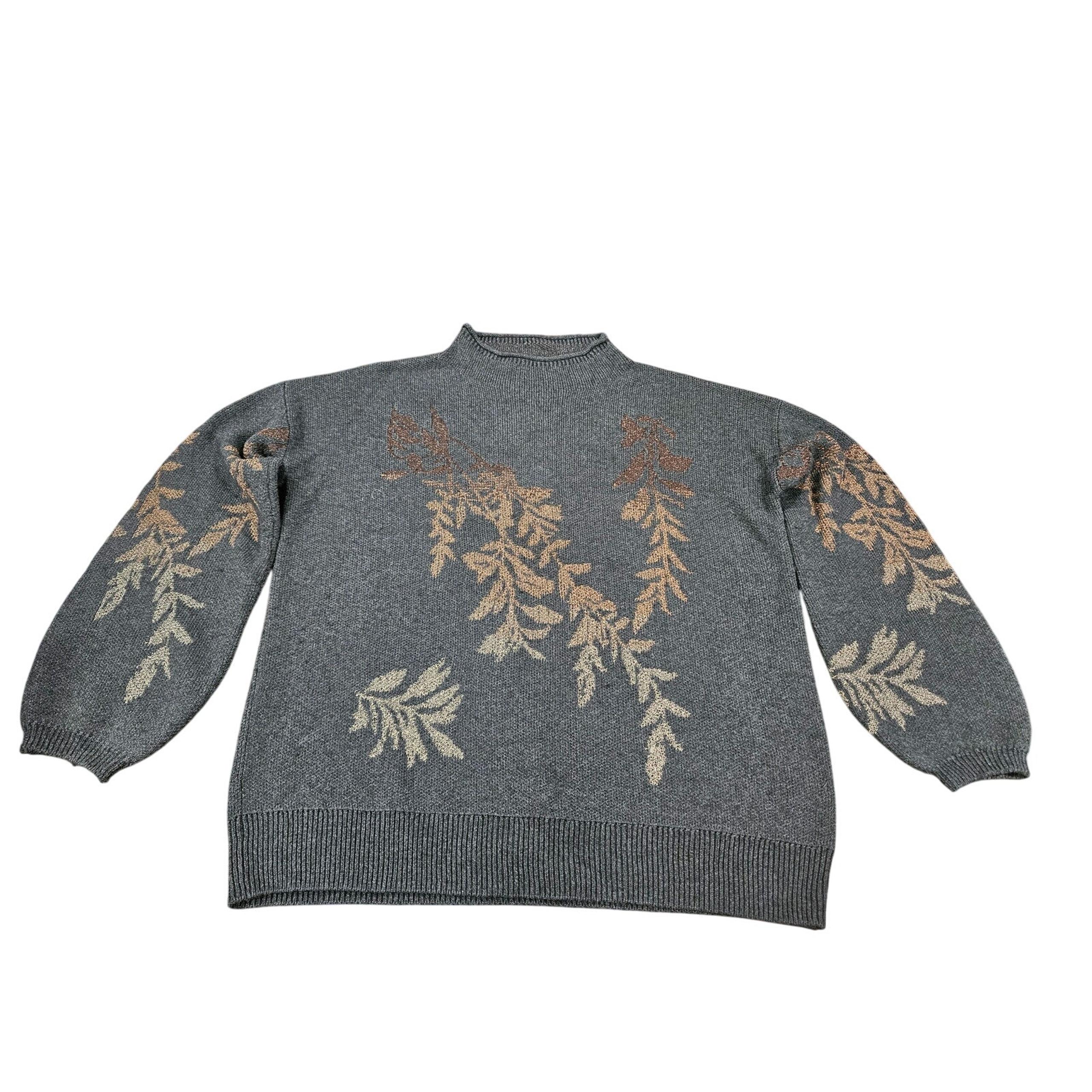 Garnet Hill Merino Wool Floral Ombre Sweater Gray Bronze Metallic Bishop S