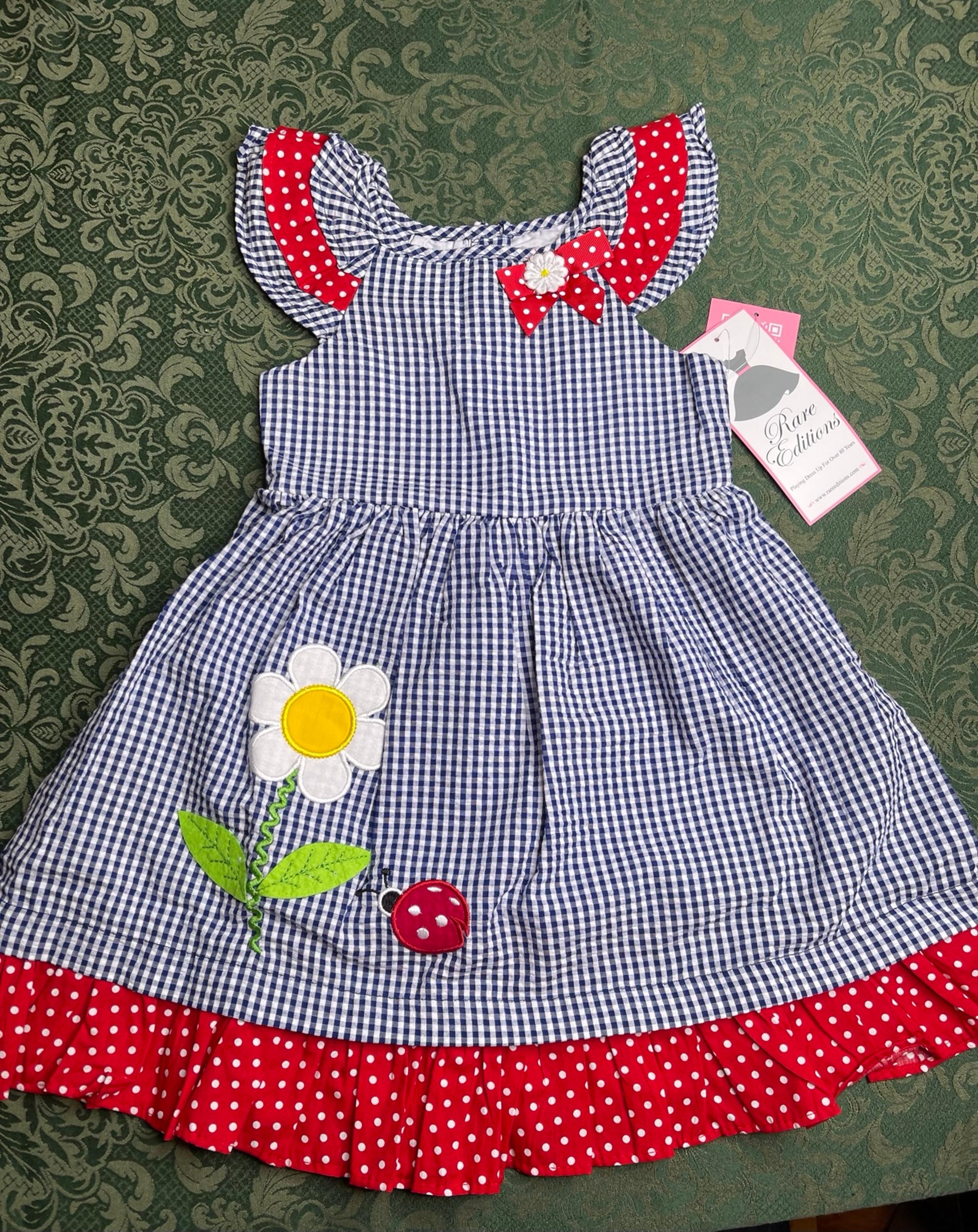 NWT 5 Rare Editions smocked bow blue Gingham sun Dress floral ladybug Embroidery
