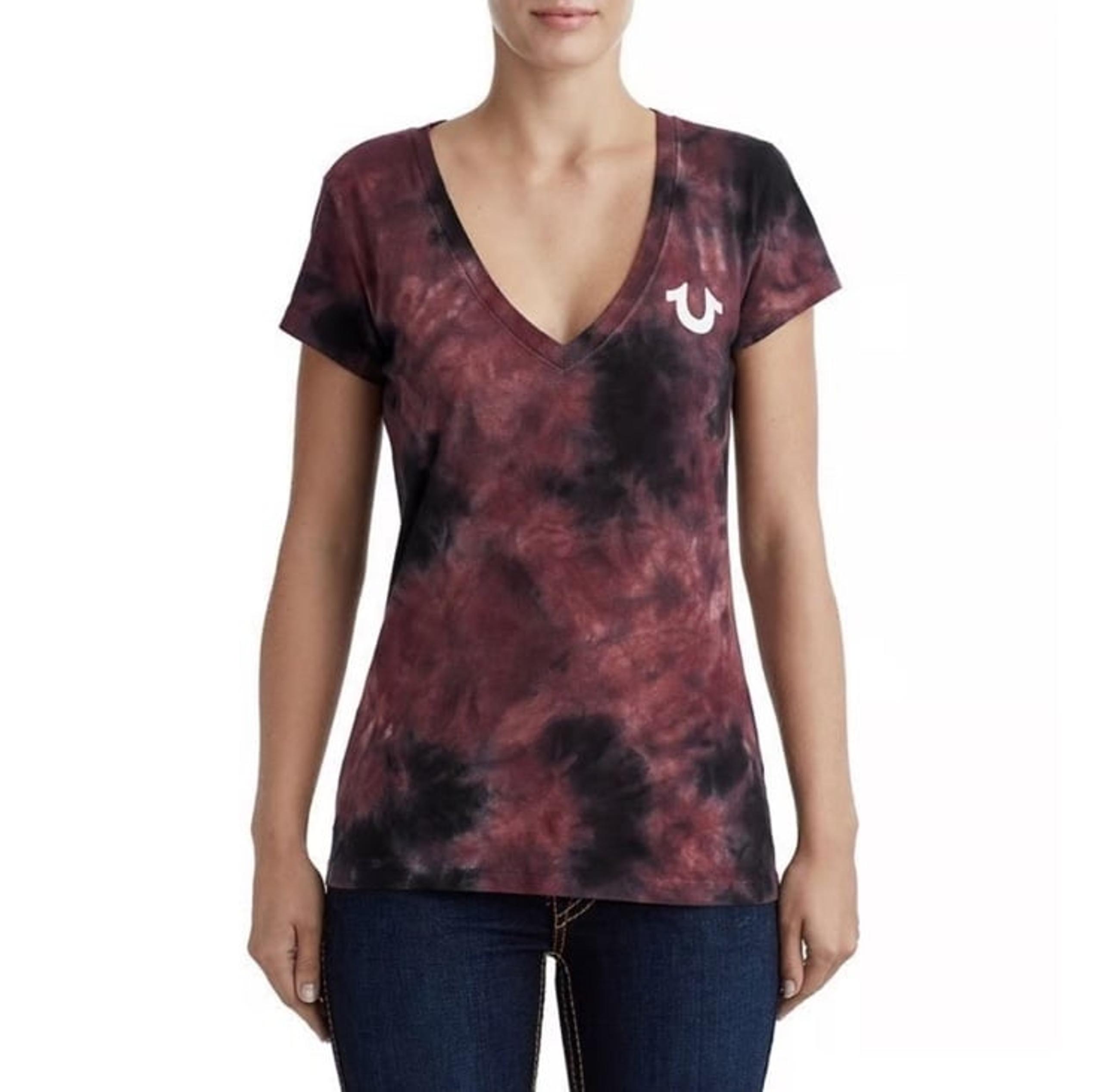 True Religion Tie-Dye Maroon Black V-Neck Classic T-Shirt Women’s Size Medium