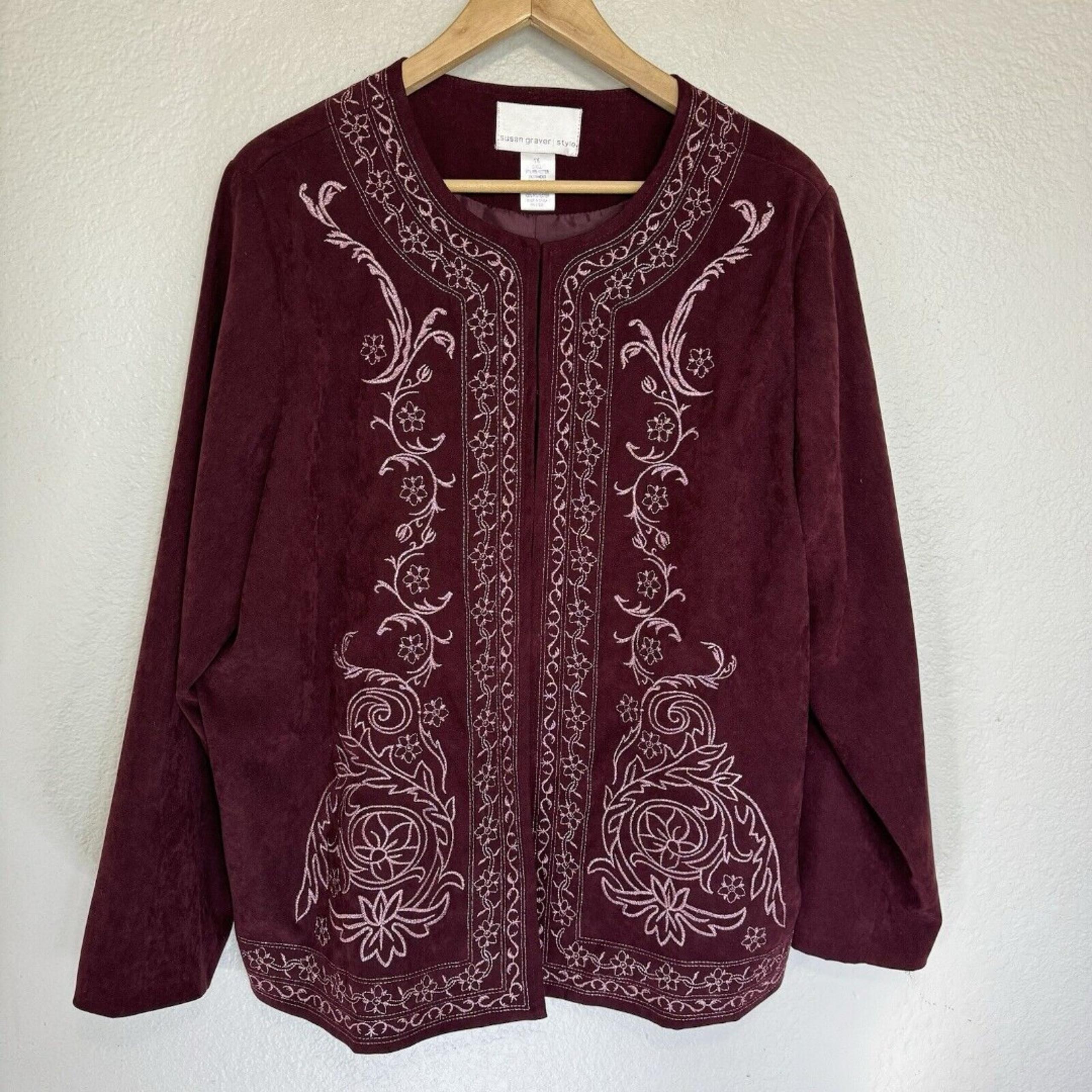 Susan Graver Blazer Women 1X Wine Embroidered Jacket Office Corporate WorK Party