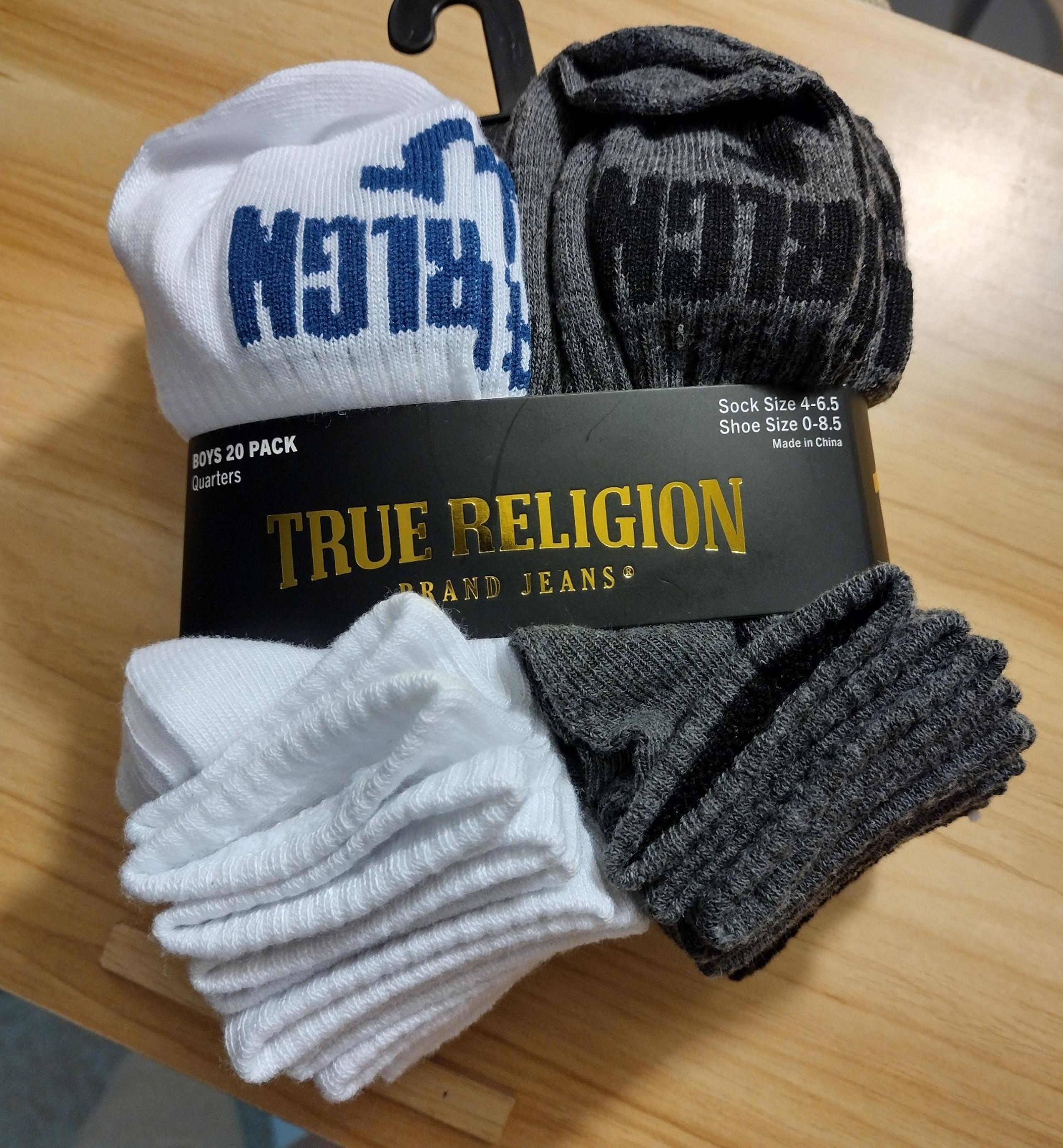 True Religion Boys 20 Pack Quarter Socks Black/White/Gray Size 4-6.5 NWT