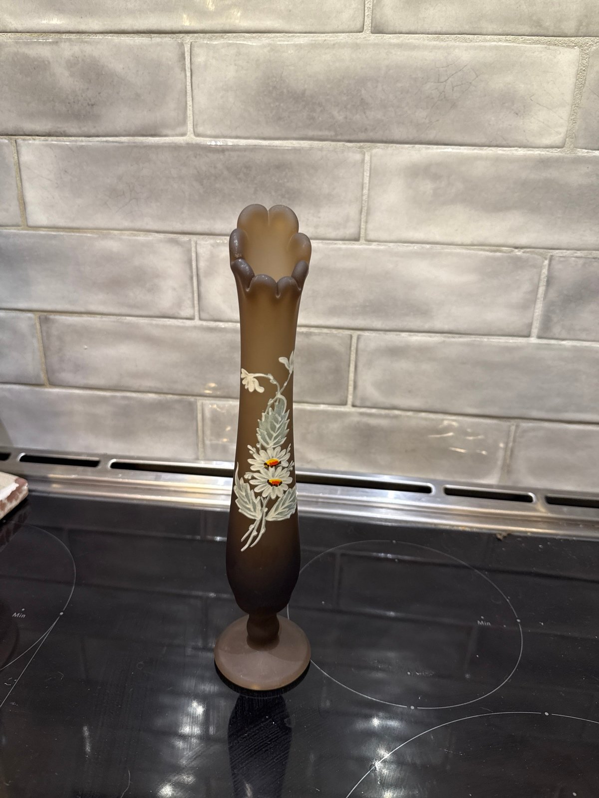 Vintage Westmoreland Brown Satin Glass Swung Bud Vase Hand Painted Daisies 11”