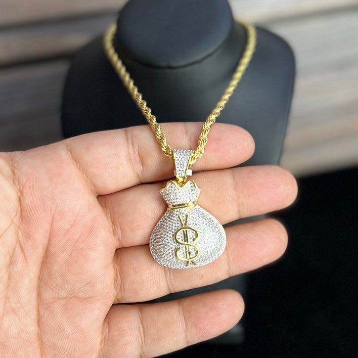 CZ Micro Pave Miney Bag Pendant with Rope Chain