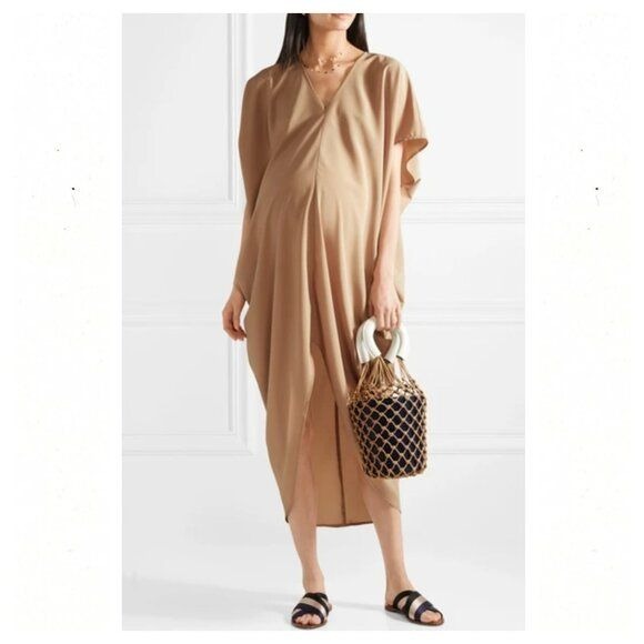 HATCH Riviera Draped Crepe De Chine Kaftan Maternity Dress In Mushroom