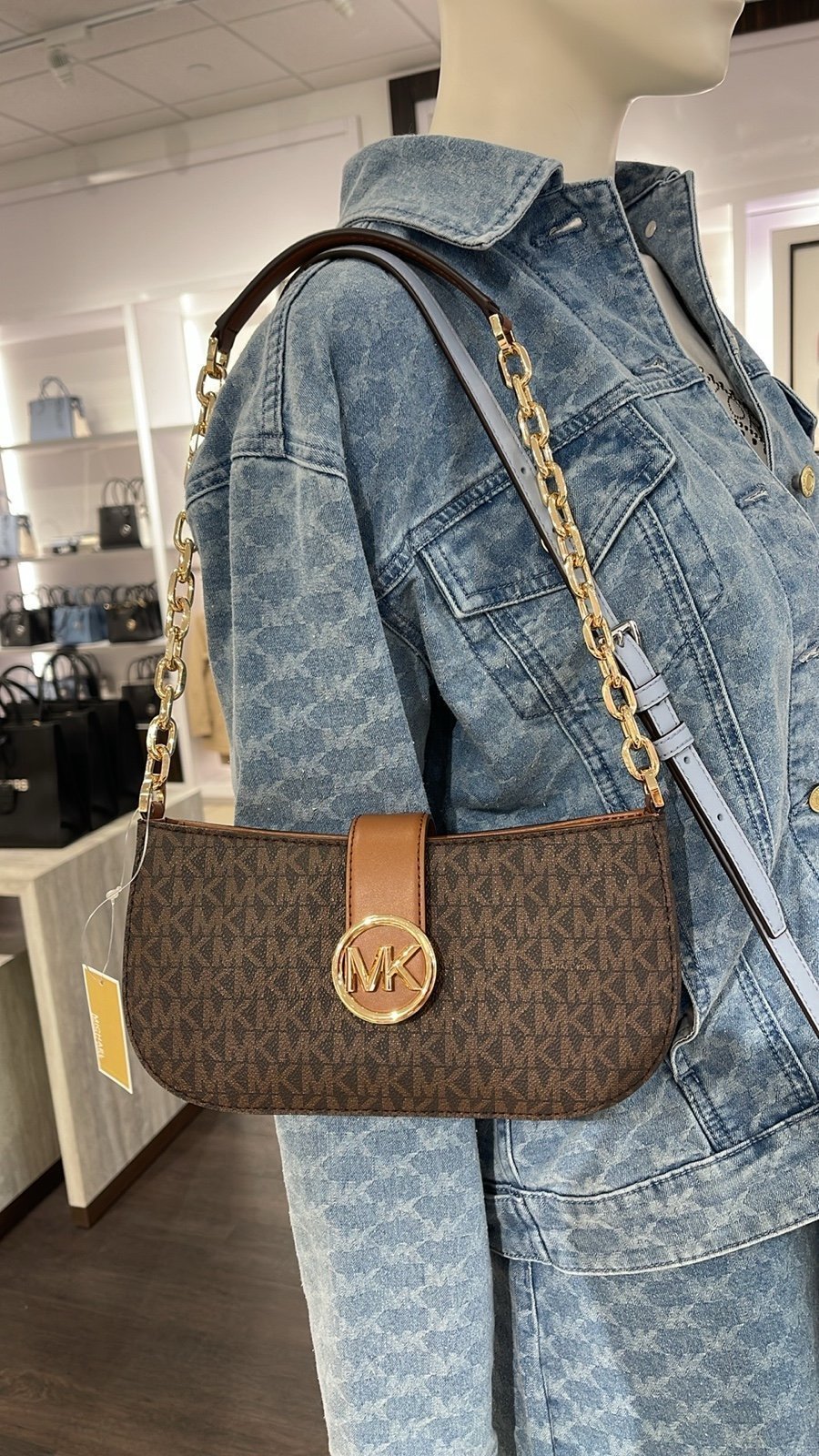 Michael Kors Carmen Small Logo Shoulder Pouchette Bag in Brown NWT