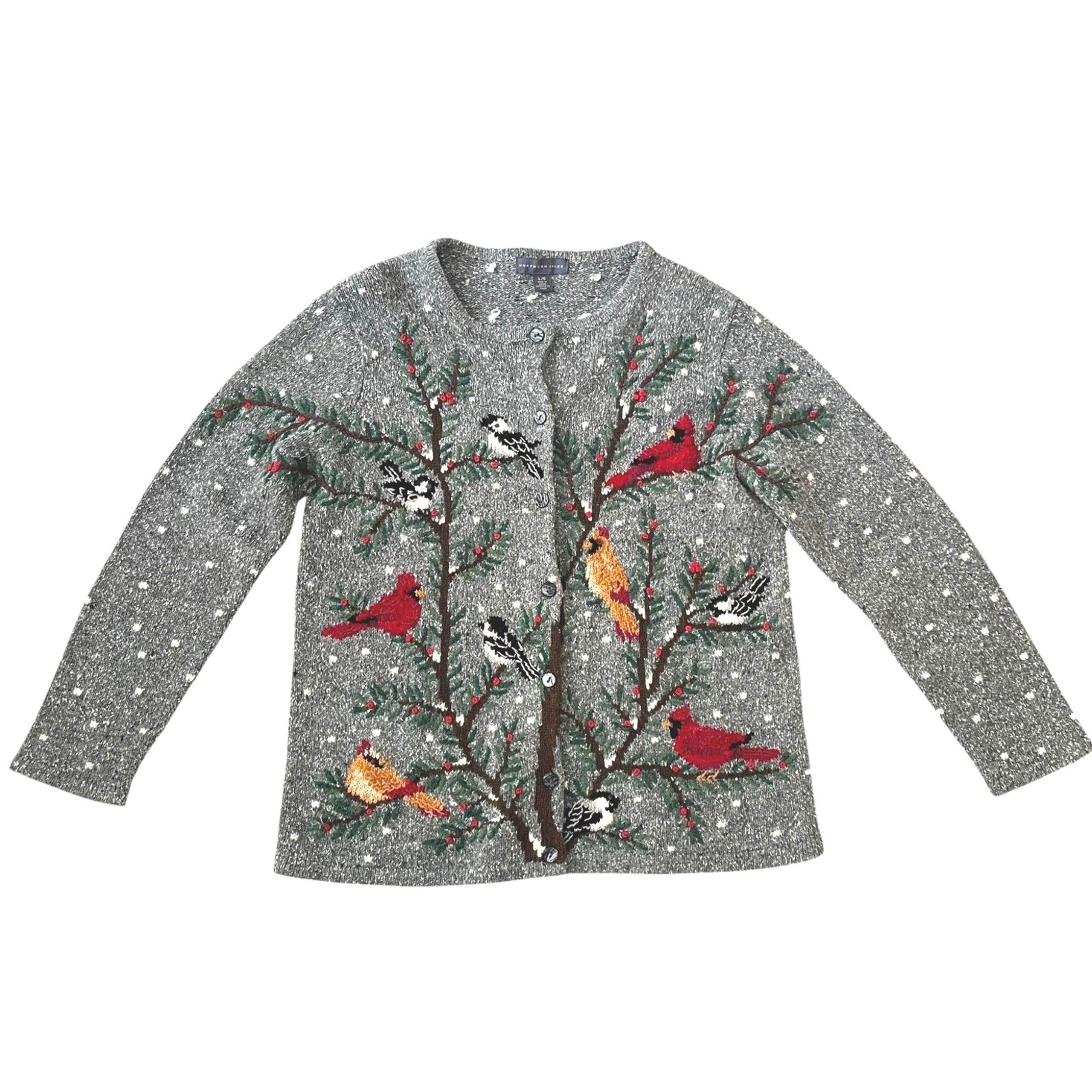 NORTHERN ISLES Sweater Womens Large Cardinals Bird Embroidered Cardigan Cottage