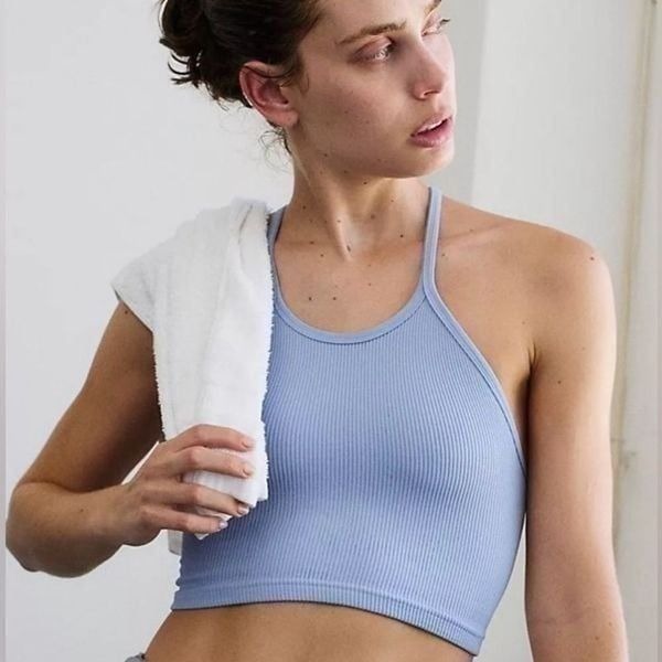 Free People Happiness Runs Crop Tank Top in Blue Gray Size Medium Large