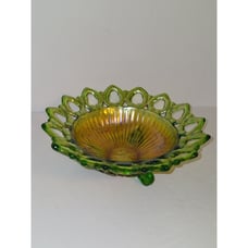 Vintage Northwood Green Carnival Glass Reticulated Bowl Wild Rose Pattern