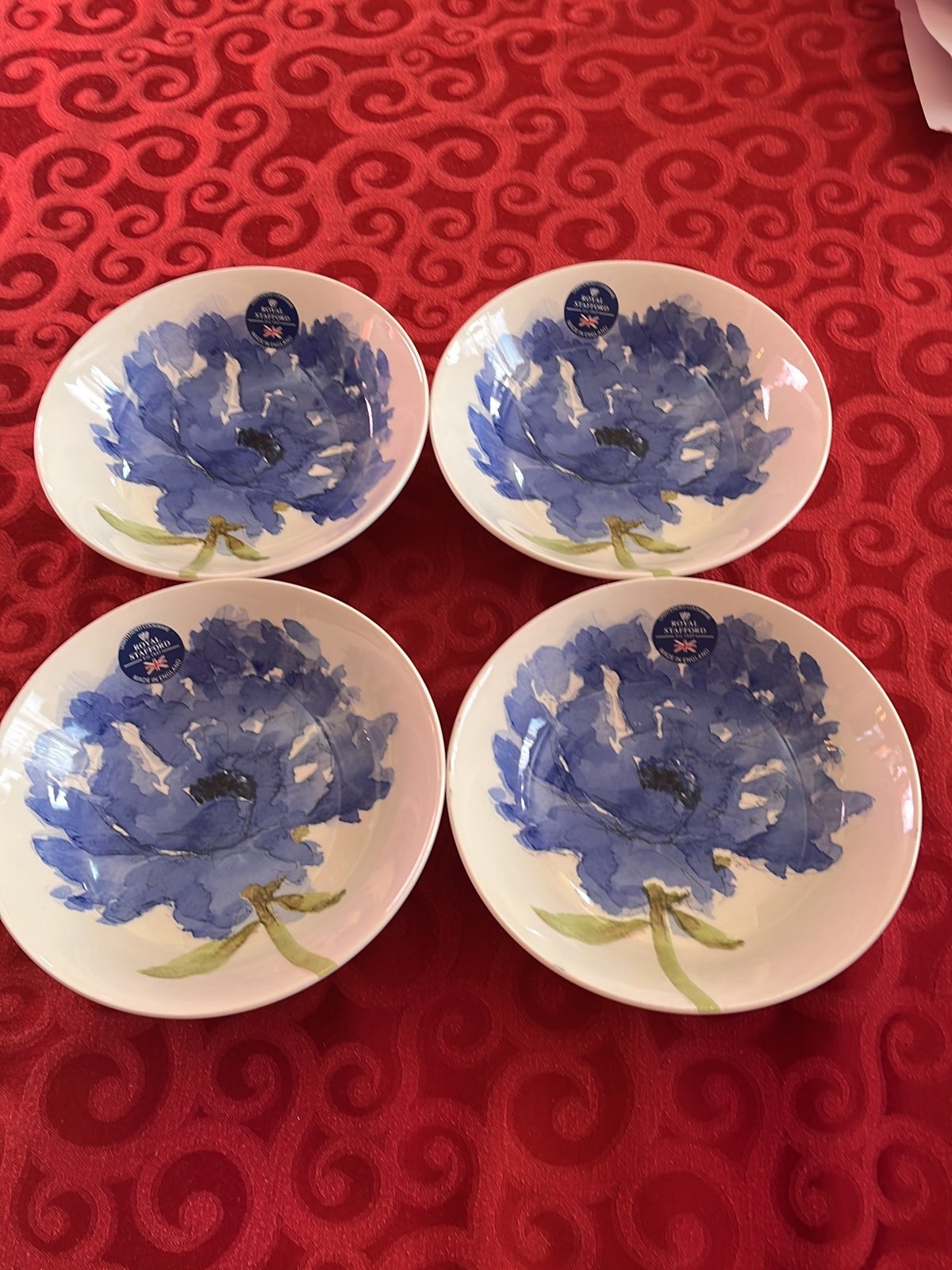 Royal Stafford Blue Poppy 9 Porcelain Pasta/Soup/Salad Bowls Set of 4 NEW