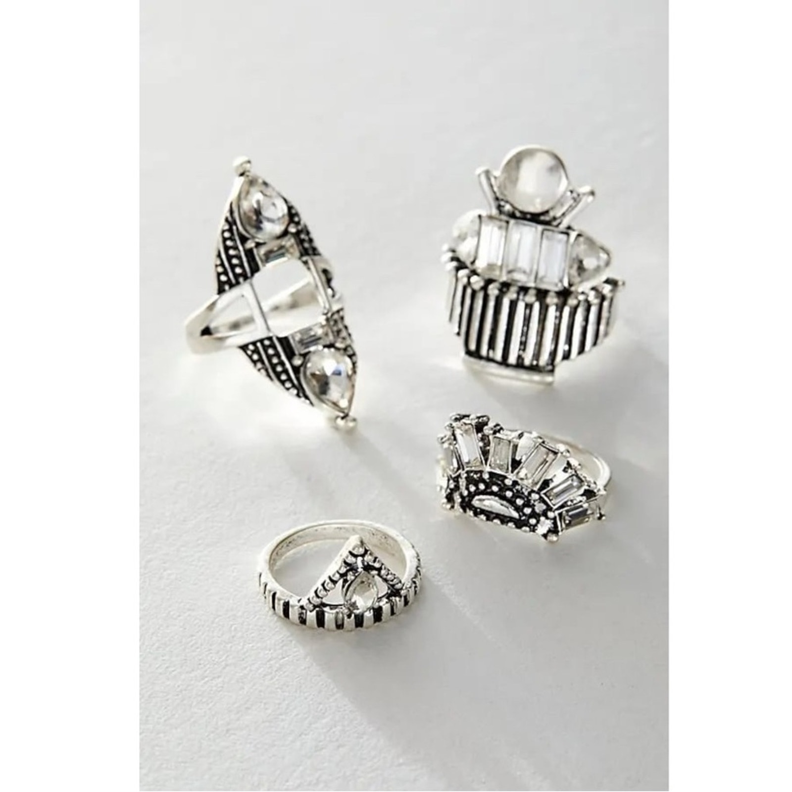 Free People Rhapsody Ring Set in Silver Black NWT Art Deco Bohemian Rhinestone